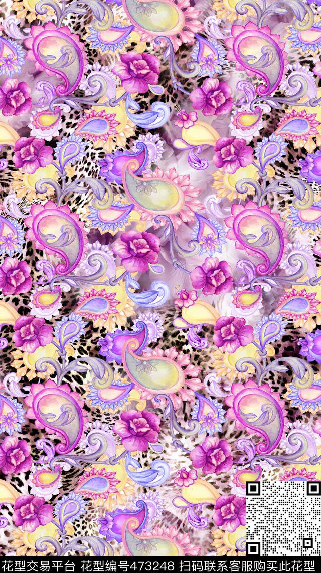 时尚清新唯美佩兹利豹纹底花卉数码印花华亿平台下载（图片编号: 473248） - 瓦栏（Walan）
