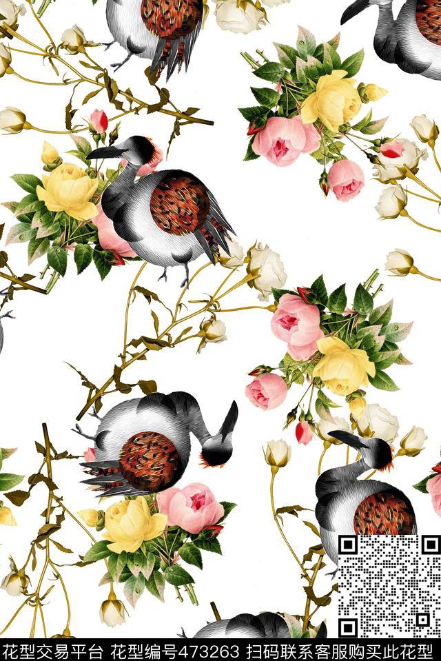 水墨鸭子花卉数码印花华亿平台下载（图片编号: 473263） - 瓦栏（Walan）