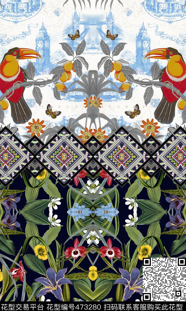 花卉鸟几何纹样热带植物数码印花华亿平台下载（图片编号: 473280） - 瓦栏（Walan）