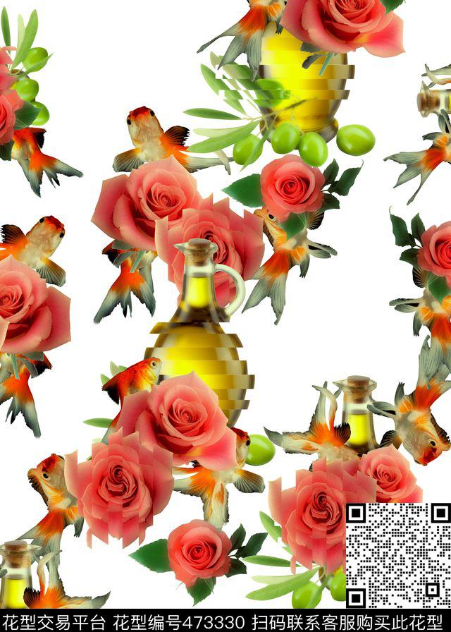 柔和调玫瑰橄榄满版华亿平台数码印花华亿平台下载（图片编号: 473330） - 瓦栏（Walan）