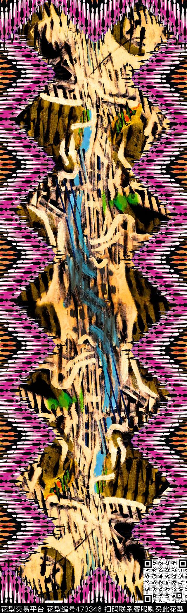 抽象民族风条纹长巾数码印花华亿平台下载（图片编号: 473346） - 瓦栏（Walan）