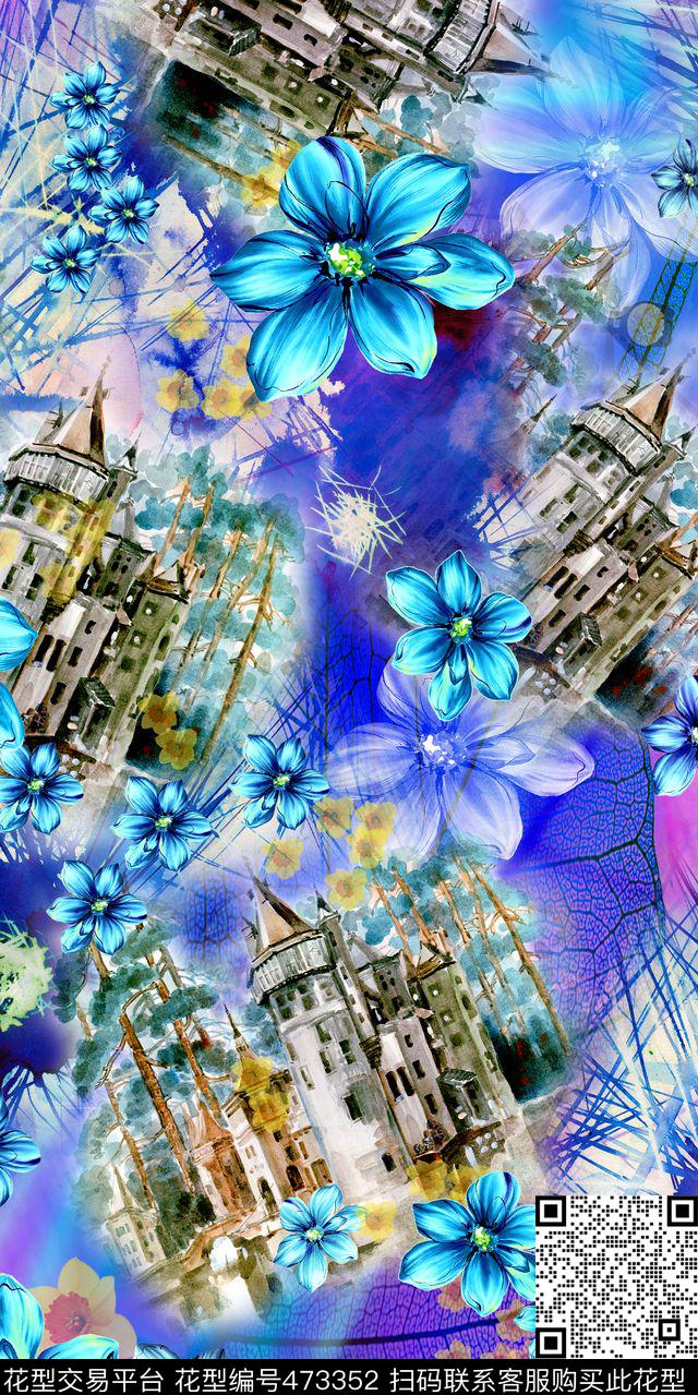 手绘城堡花卉水墨风景树木女装数码印花华亿平台下载（图片编号: 473352） - 瓦栏（Walan）