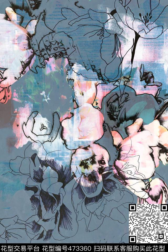 抽象花卉大牌女装数码印花华亿平台下载（图片编号: 473360） - 瓦栏（Walan）