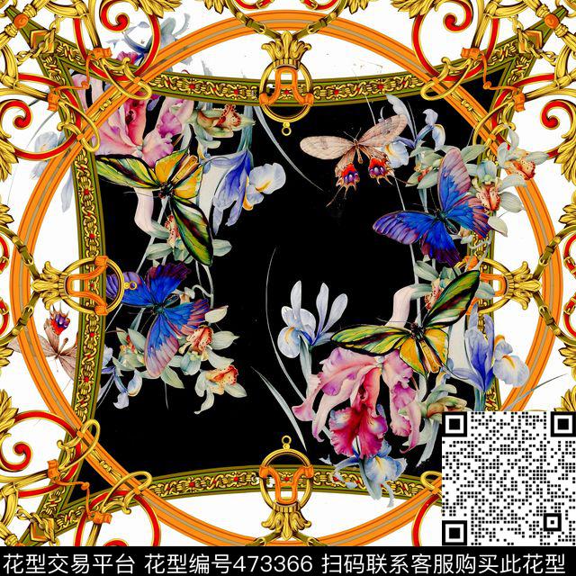 蝴蝶欧式古典手绘方巾数码印花华亿平台下载（图片编号: 473366） - 瓦栏（Walan）