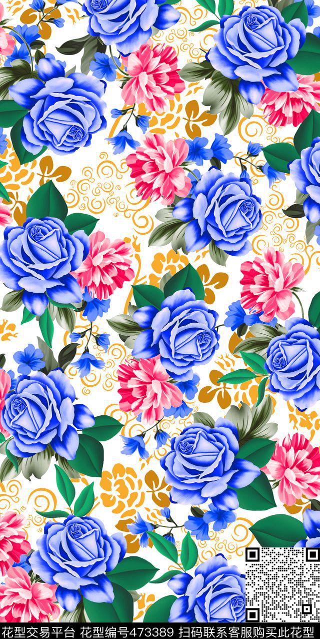 抽象几何底纹手绘花卉女装数码印花华亿平台下载（图片编号: 473389） - 瓦栏（Walan）