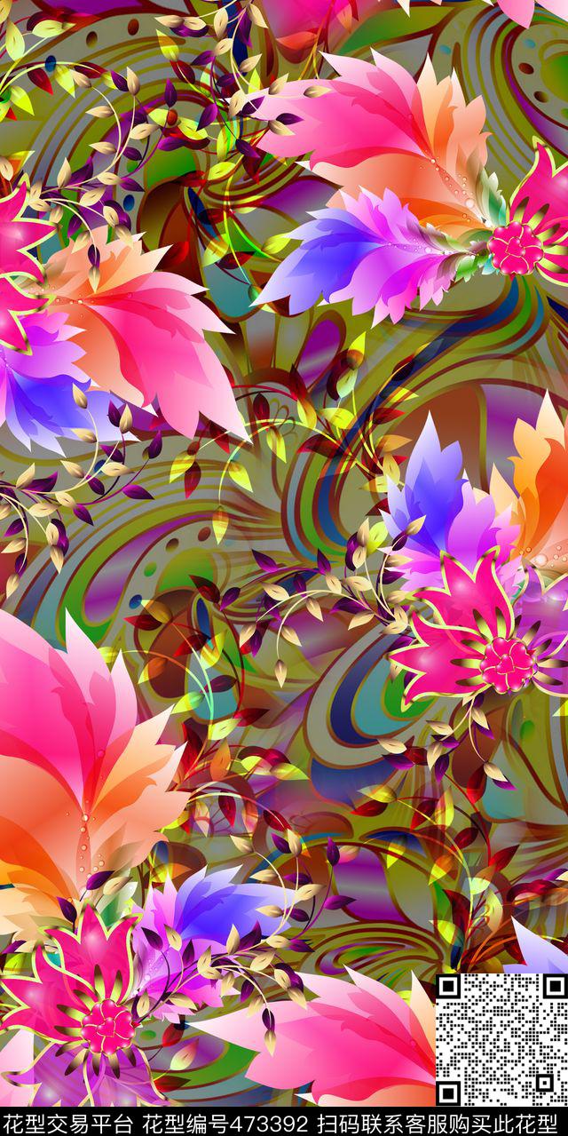 抽象几何叶子花卉炫彩底纹数码印花华亿平台下载（图片编号: 473392） - 瓦栏（Walan）