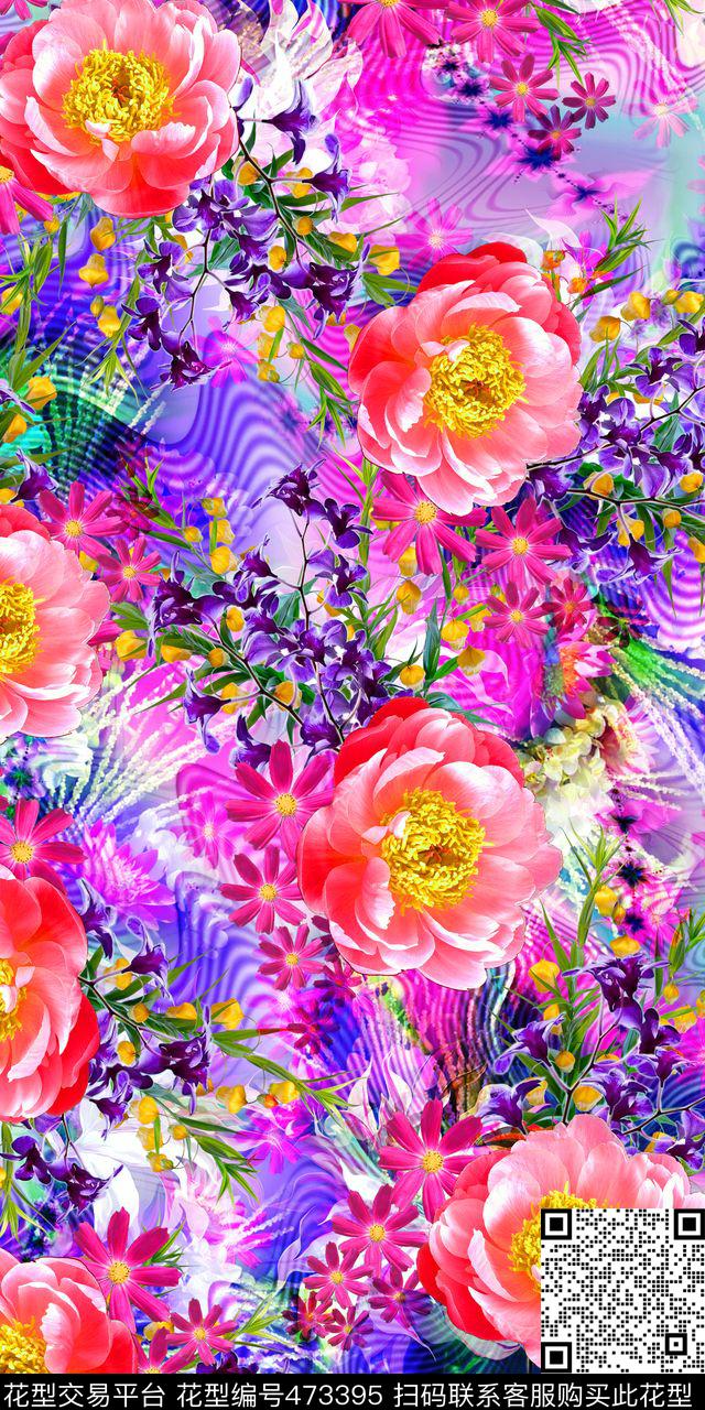 抽象几何底纹写实花卉女装数码印花华亿平台下载（图片编号: 473395） - 瓦栏（Walan）