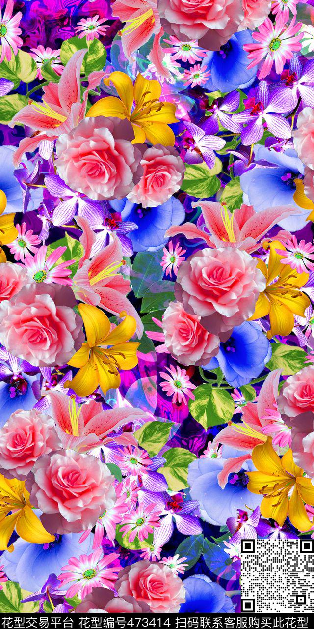 写实花卉抽象底纹女装数码印花华亿平台下载（图片编号: 473414） - 瓦栏（Walan）