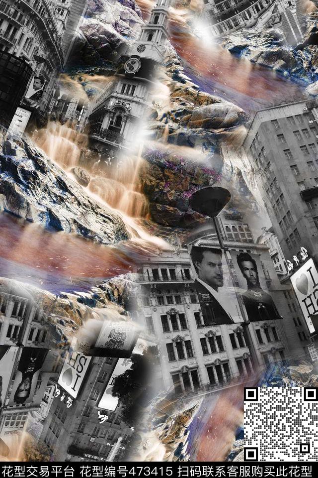 欧式建筑山水瀑布石头数码印花华亿平台下载（图片编号: 473415） - 瓦栏（Walan）