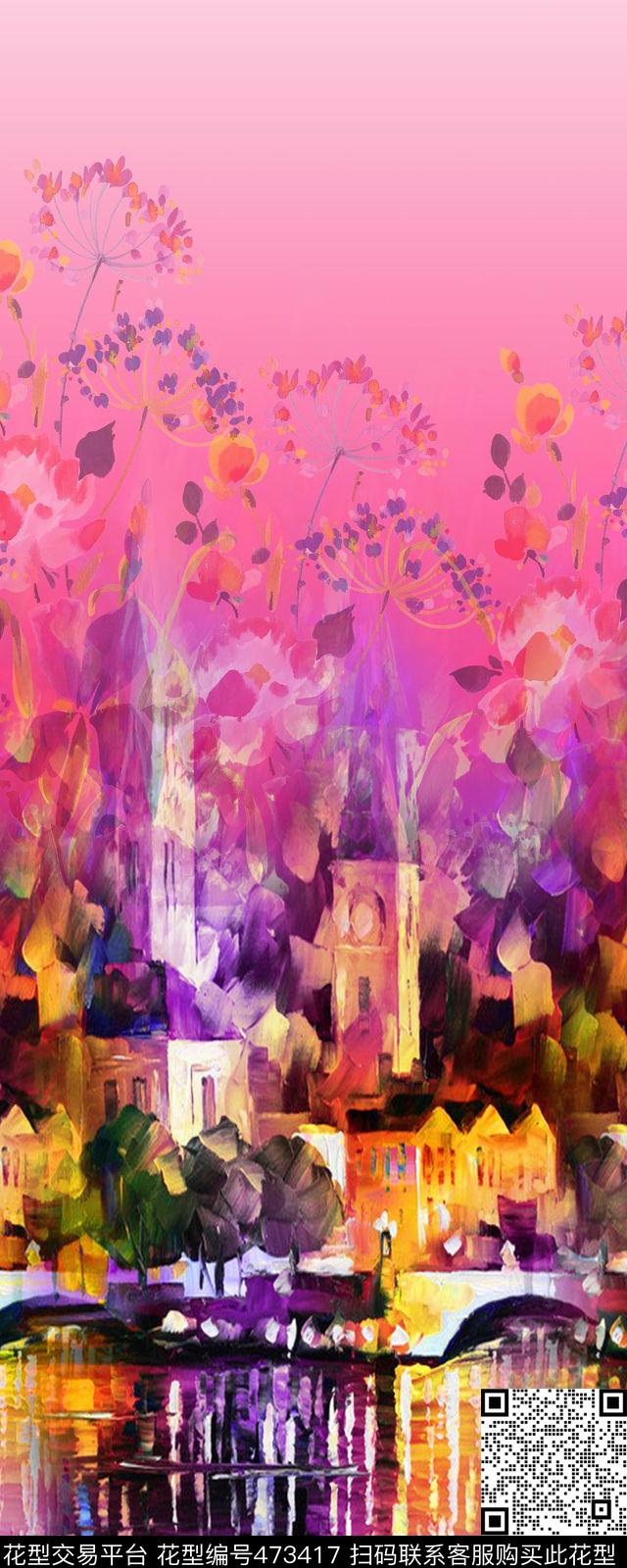 油画建筑花卉云纹过渡丝巾数码印花华亿平台下载（图片编号: 473417） - 瓦栏（Walan）