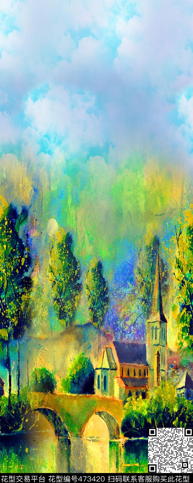 油画风景天空森林建筑桥梁丝巾数码印花华亿平台下载（图片编号: 473420） - 瓦栏（Walan）