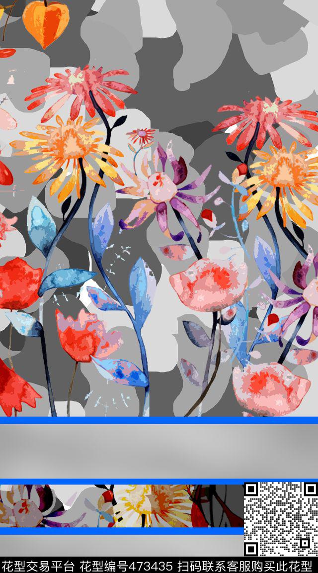 手绘花卉定位花数码印花华亿平台下载（图片编号: 473435） - 瓦栏（Walan）