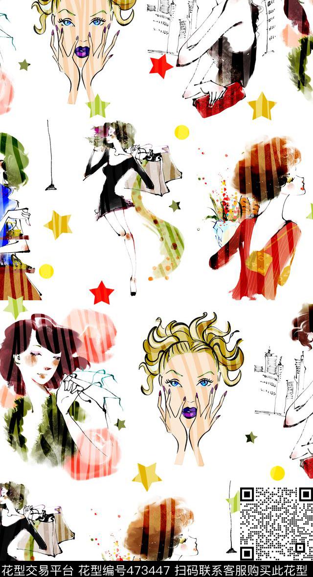 插画人物、小几何、纹路叠加时尚插画人物几何组合创意联想数码印花华亿平台下载（图片编号: 473447） - 瓦栏（Walan）