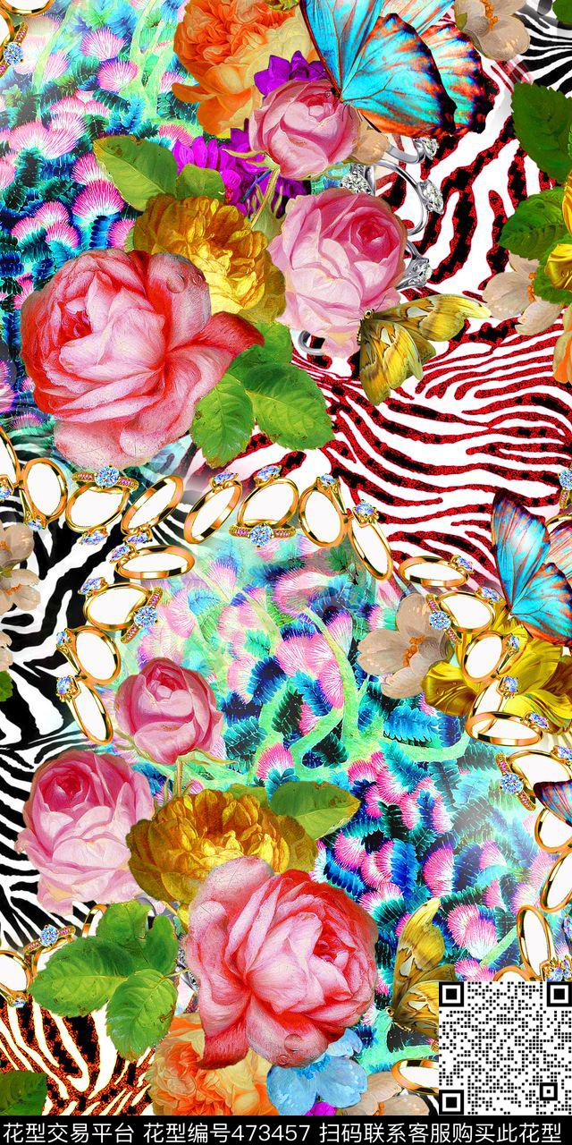 油画花卉斑马纹抽象花纹钻戒蝴蝶数码印花华亿平台下载（图片编号: 473457） - 瓦栏（Walan）
