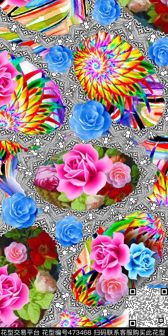 油画花卉抽象几何蕾丝花边数码印花华亿平台下载（图片编号: 473468） - 瓦栏（Walan）