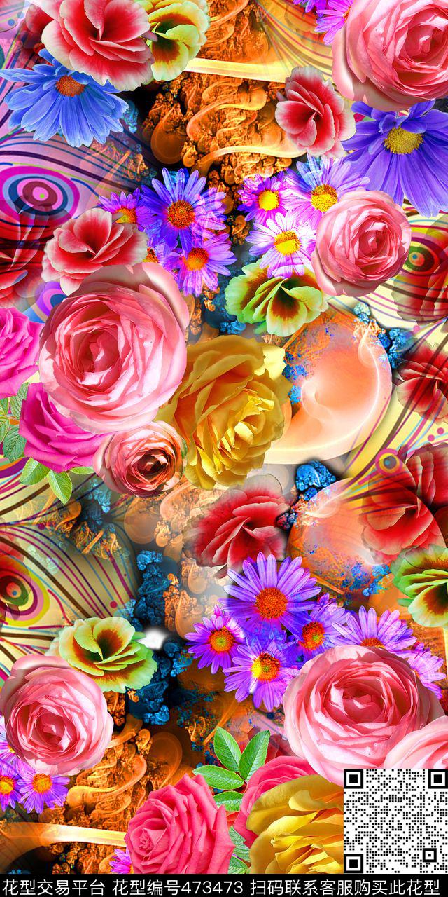 抽象炫彩底纹写实立体花卉女装数码印花华亿平台下载（图片编号: 473473） - 瓦栏（Walan）