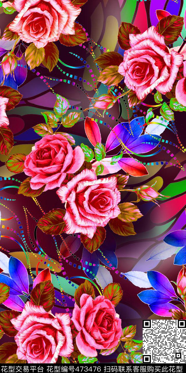 抽象几何炫彩底纹手绘花卉女装数码印花华亿平台下载（图片编号: 473476） - 瓦栏（Walan）