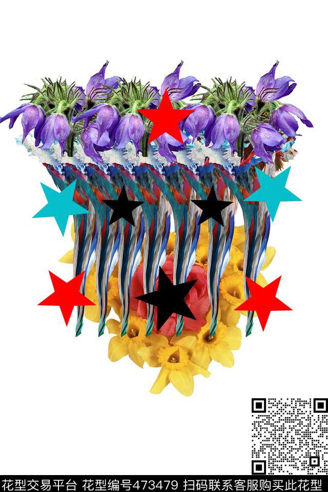 时尚五角星花卉数码印花华亿平台下载（图片编号: 473479） - 瓦栏（Walan）