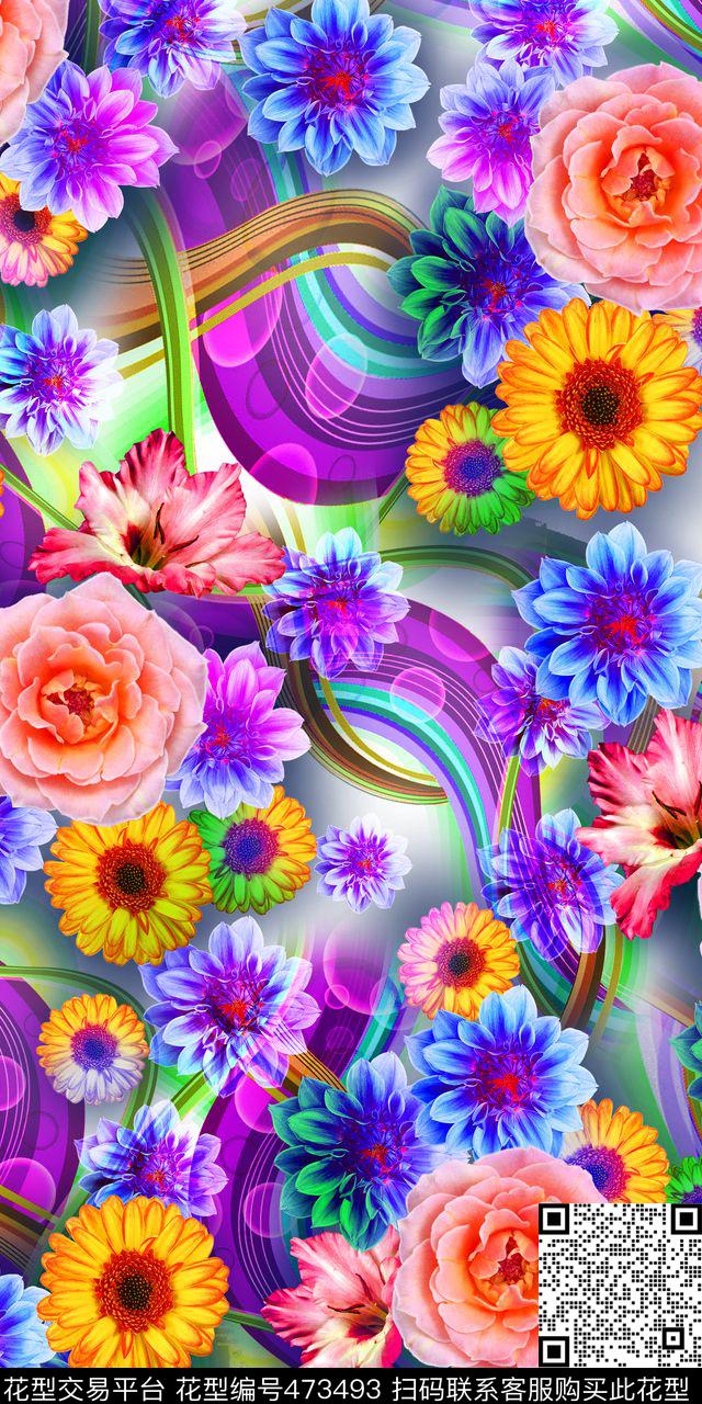 抽象几何炫彩底纹清爽花卉女装数码印花华亿平台下载（图片编号: 473493） - 瓦栏（Walan）
