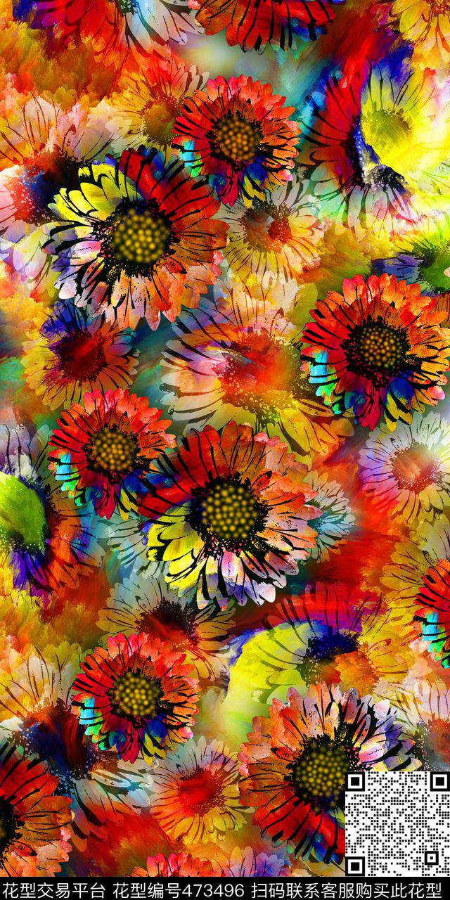 手绘油画七彩向日葵炫彩数码印花华亿平台下载（图片编号: 473496） - 瓦栏（Walan）