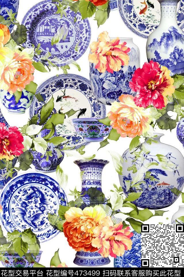 花朵中国风青花数码印花华亿平台下载（图片编号: 473499） - 瓦栏（Walan）