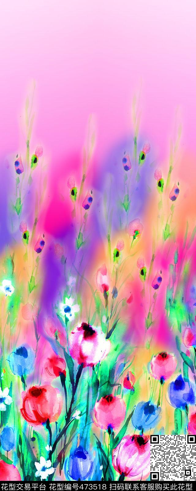 水彩手绘花卉炫彩底纹渐变过渡数码印花华亿平台下载（图片编号: 473518） - 瓦栏（Walan）