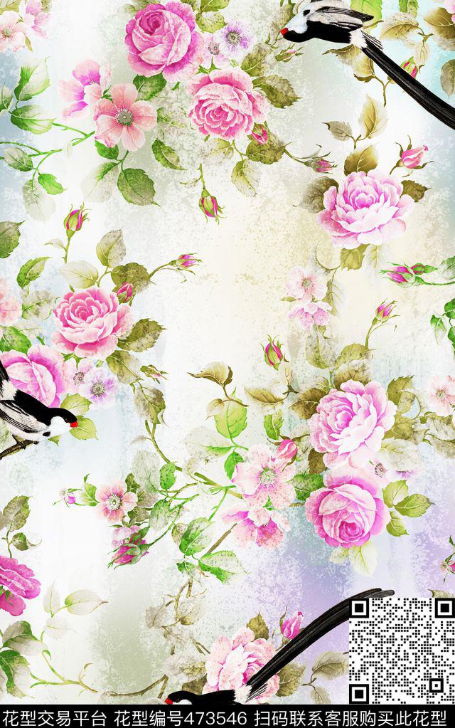 玫瑰花复古鸟类数码印花华亿平台下载（图片编号: 473546） - 瓦栏（Walan）