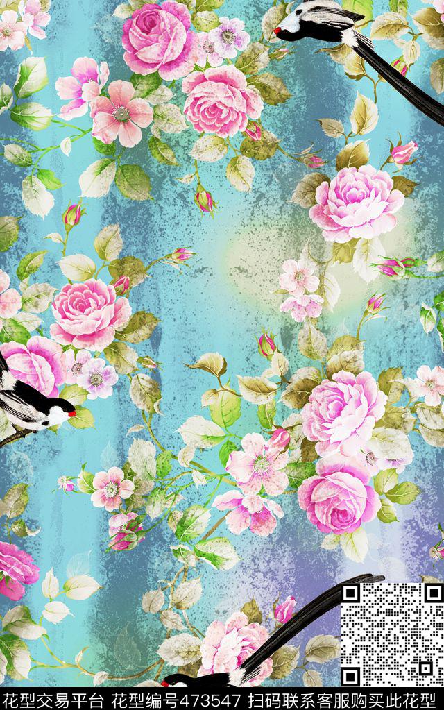 玫瑰花复古鸟类数码印花华亿平台下载（图片编号: 473547） - 瓦栏（Walan）