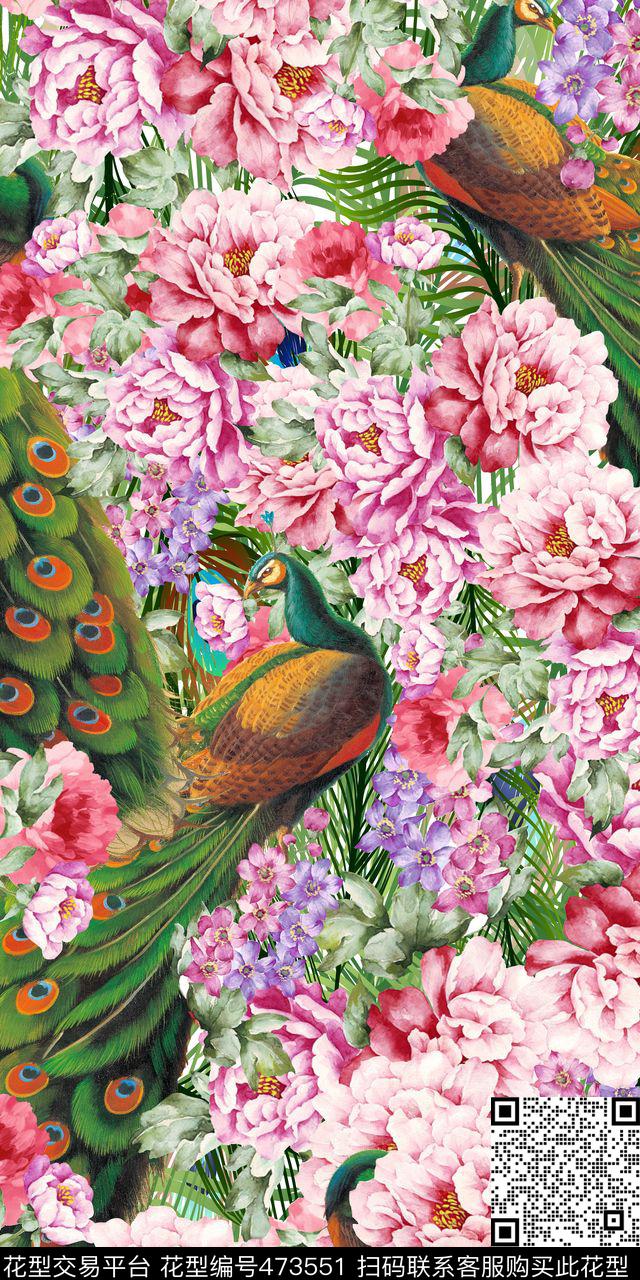 服装花卉孔雀数码印花华亿平台下载（图片编号: 473551） - 瓦栏（Walan）