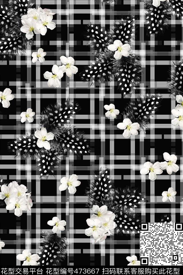 几何黑白格小白花白点羽毛数码印花华亿平台下载（图片编号: 473667） - 瓦栏（Walan）