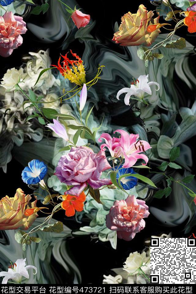 百合花卉玫瑰数码印花华亿平台下载（图片编号: 473721） - 瓦栏（Walan）