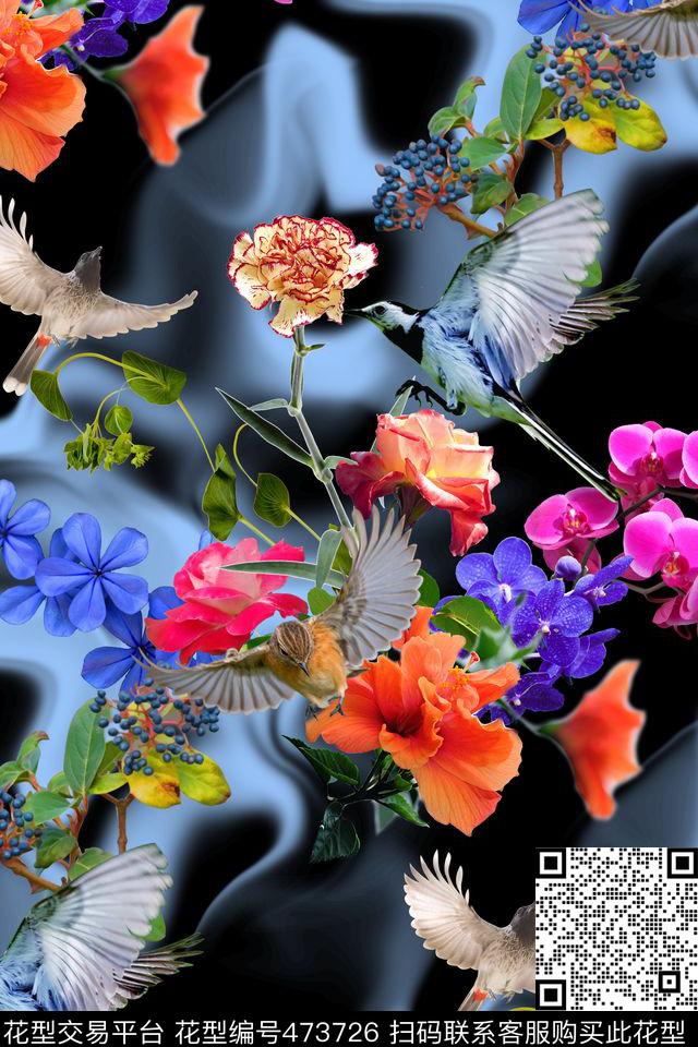 花卉康乃馨小鸟数码印花华亿平台下载（图片编号: 473726） - 瓦栏（Walan）
