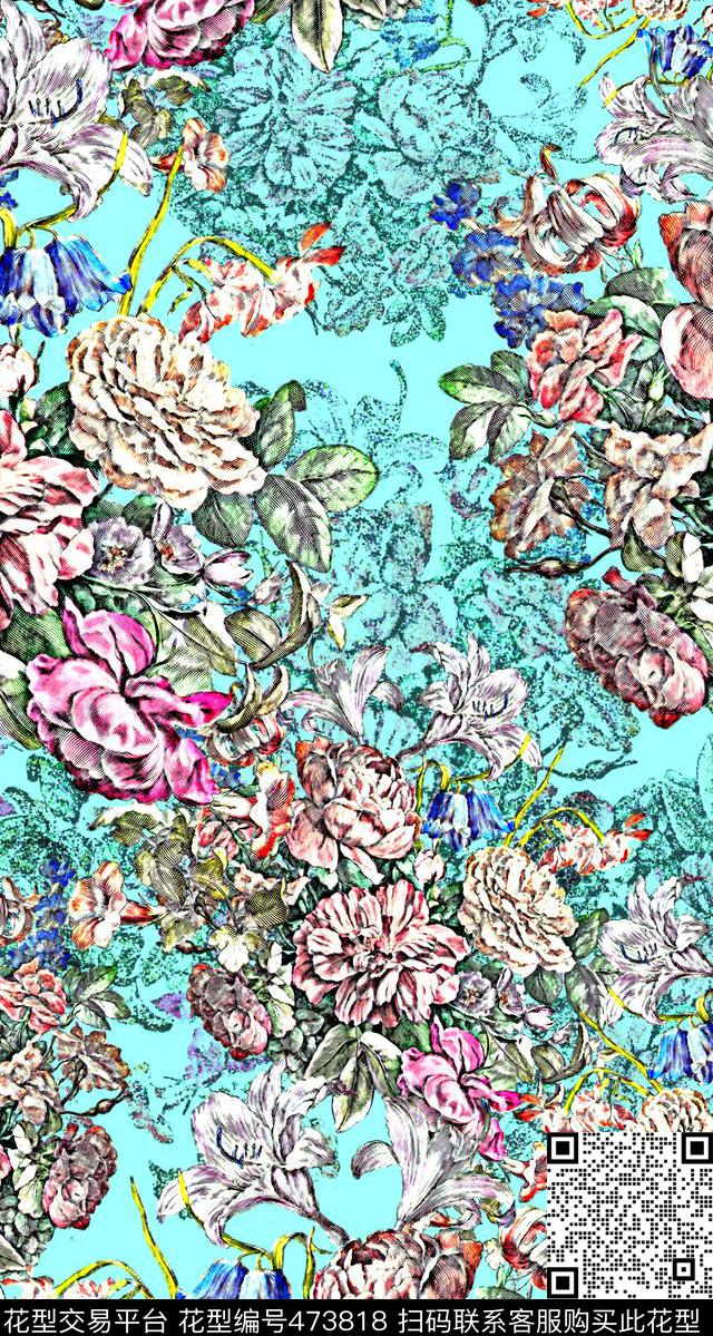 线描花卉波点底纹数码印花华亿平台下载（图片编号: 473818） - 瓦栏（Walan）