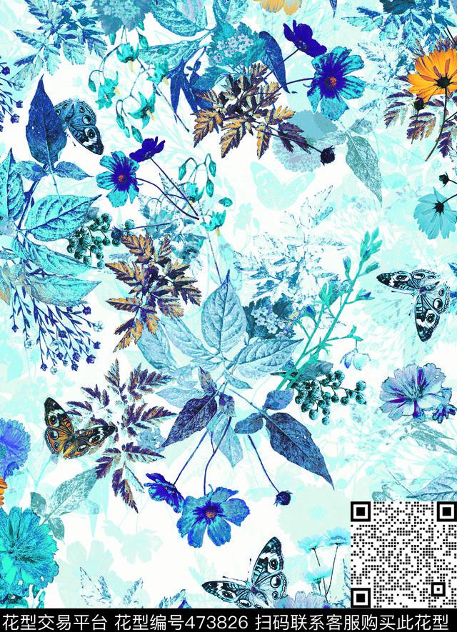复古花卉蝴蝶数码印花华亿平台下载（图片编号: 473826） - 瓦栏（Walan）