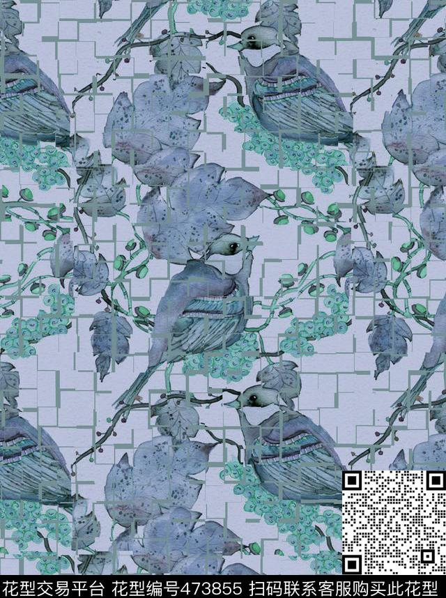 复古小鸟花卉数码印花华亿平台下载（图片编号: 473855） - 瓦栏（Walan）