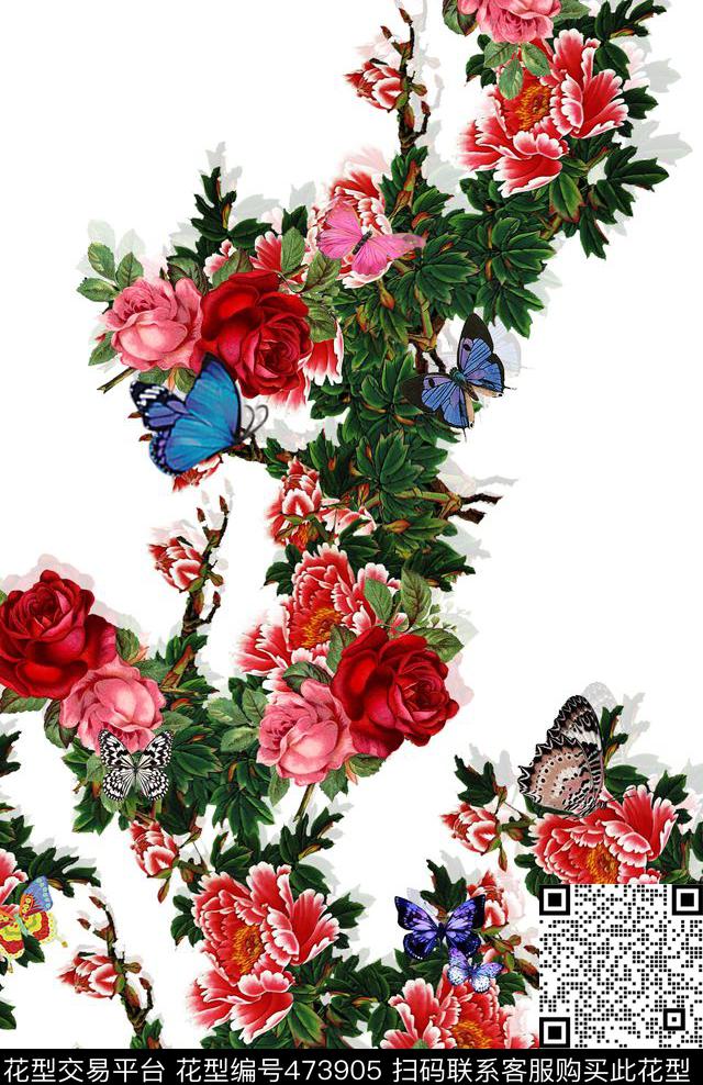 蝴蝶牡丹时尚数码印花华亿平台下载（图片编号: 473905） - 瓦栏（Walan）