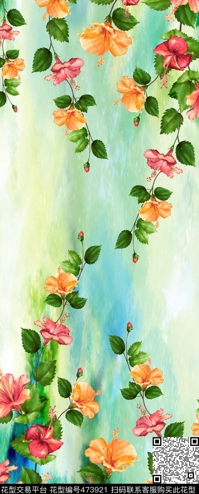 手绘花朵水彩效果藤蔓数码印花华亿平台下载（图片编号: 473921） - 瓦栏（Walan）