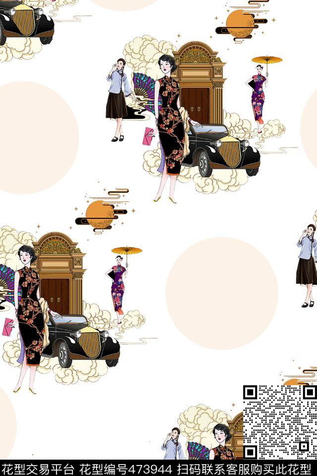 时尚复古旧时代女人数码印花华亿平台下载（图片编号: 473944） - 瓦栏（Walan）