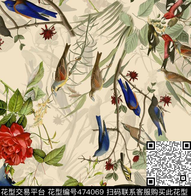 动物蜂鸟复古时尚数码印花华亿平台下载（图片编号: 474069） - 瓦栏（Walan）