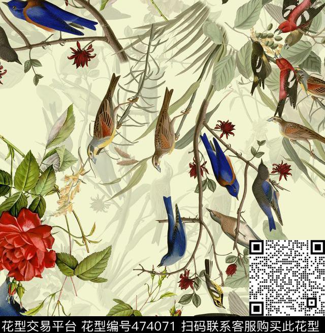 复古时尚花卉蜂鸟数码印花华亿平台下载（图片编号: 474071） - 瓦栏（Walan）