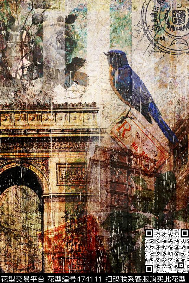 欧美复古建筑花卉冬装数码印花华亿平台下载（图片编号: 474111） - 瓦栏（Walan）