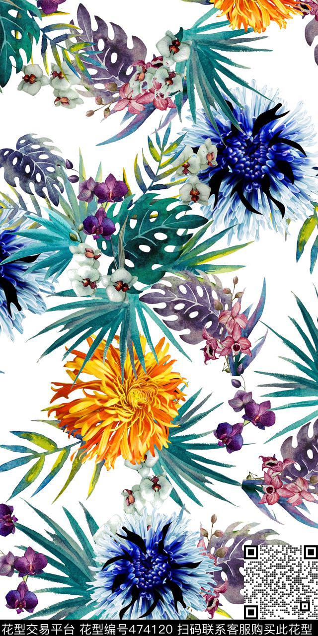 热带时尚清爽棕榈叶热带华亿平台数码印花华亿平台下载（图片编号: 474120） - 瓦栏（Walan）