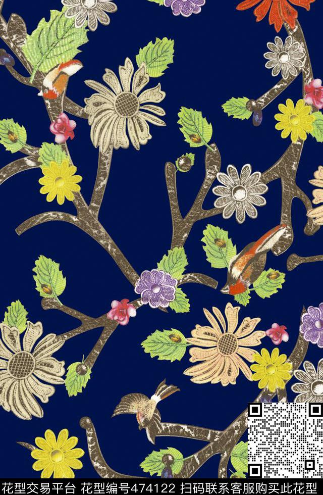 花卉田园休闲小鸟传统印花华亿平台下载（图片编号: 474122） - 瓦栏（Walan）