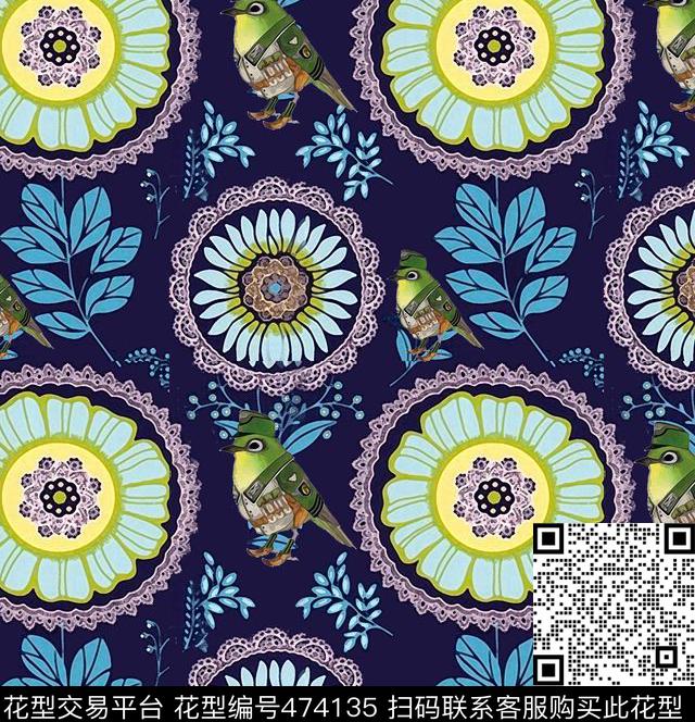 复古时尚蜂鸟花卉数码印花华亿平台下载（图片编号: 474135） - 瓦栏（Walan）