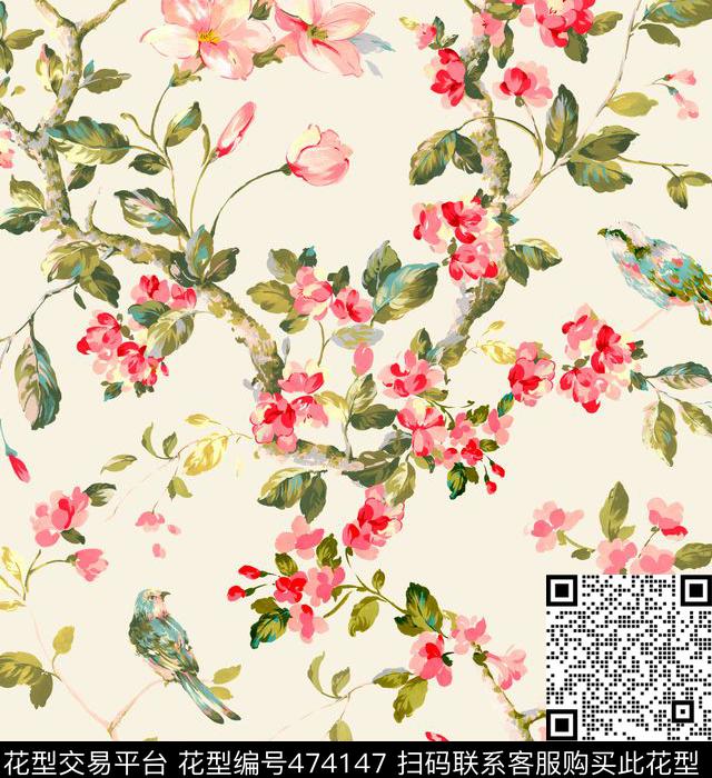 花卉时尚小鸟数码印花华亿平台下载（图片编号: 474147） - 瓦栏（Walan）