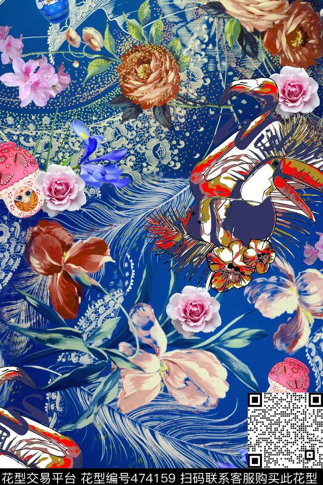 花卉孔雀羽毛蕾丝数码印花华亿平台下载（图片编号: 474159） - 瓦栏（Walan）