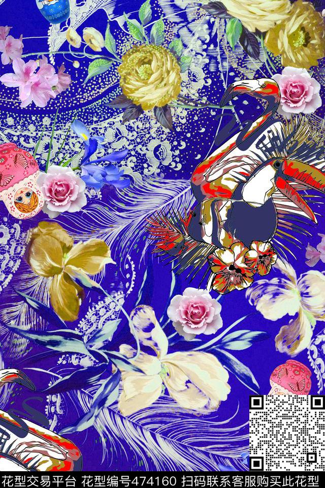 花卉孔雀羽毛蕾丝数码印花华亿平台下载（图片编号: 474160） - 瓦栏（Walan）