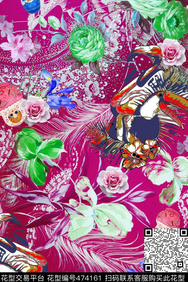 花卉孔雀羽毛蕾丝数码印花华亿平台下载（图片编号: 474161） - 瓦栏（Walan）