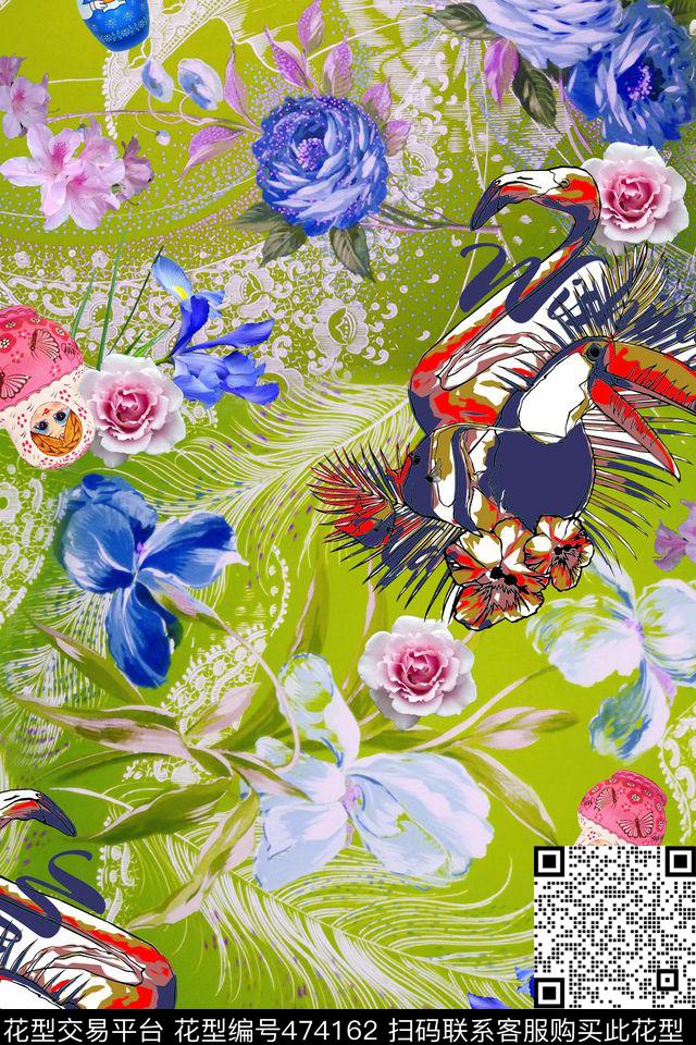 花卉孔雀羽毛蕾丝数码印花华亿平台下载（图片编号: 474162） - 瓦栏（Walan）