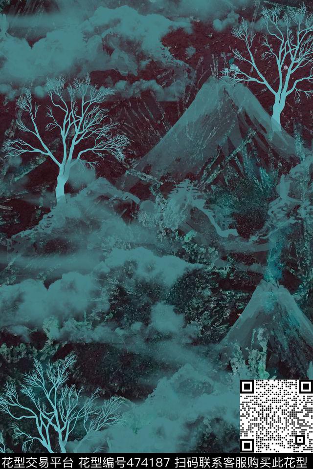 现代山云彩墨绿数码印花华亿平台下载（图片编号: 474187） - 瓦栏（Walan）